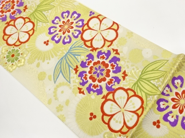 JAPANESE KIMONO / FUKURO OBI / SILK / WOVEN FLORAL CREST & SHOCHIKUBAI & KIKU